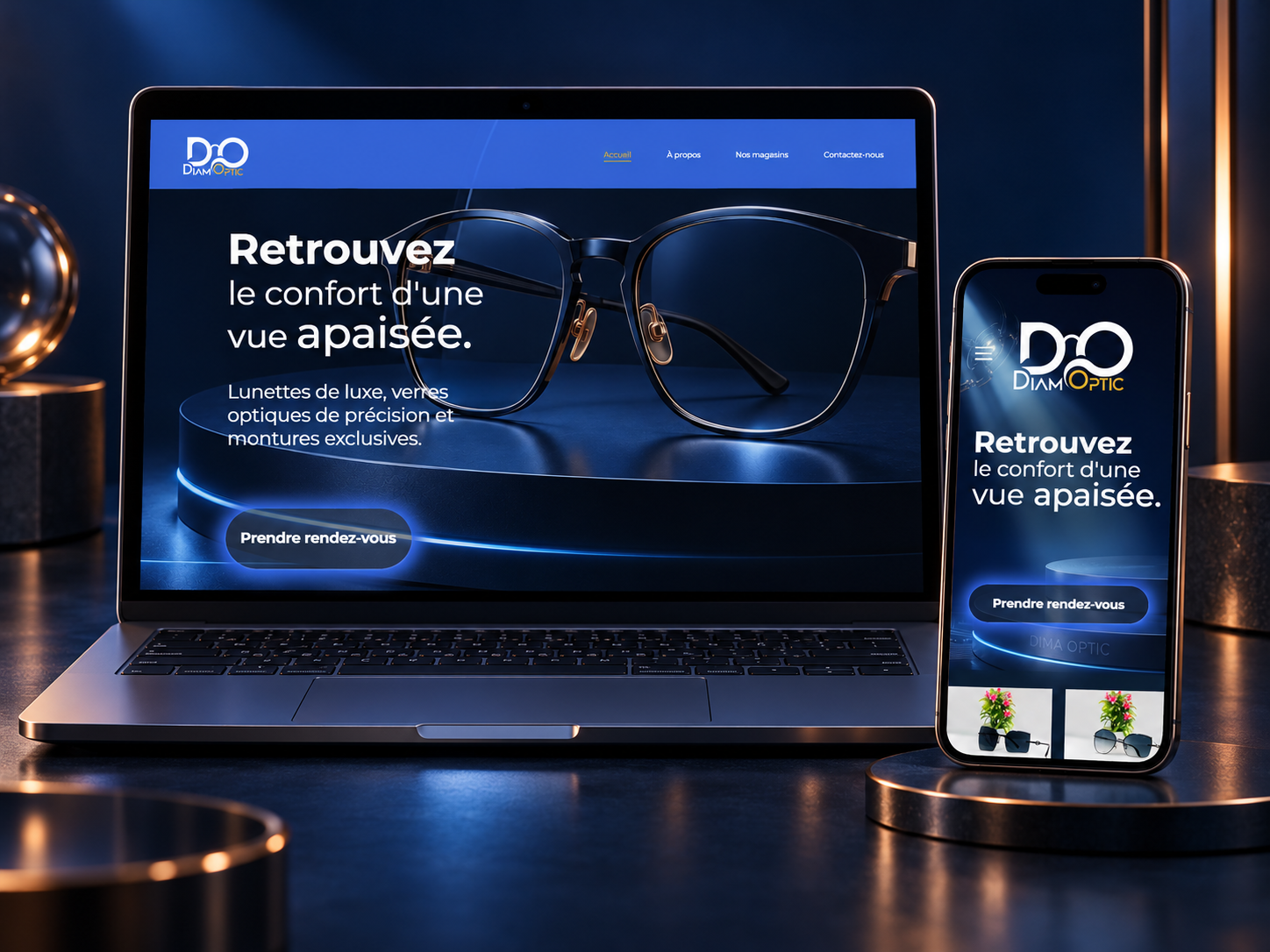 Site web responsive Diam Optic présenté sur ordinateur et téléphone