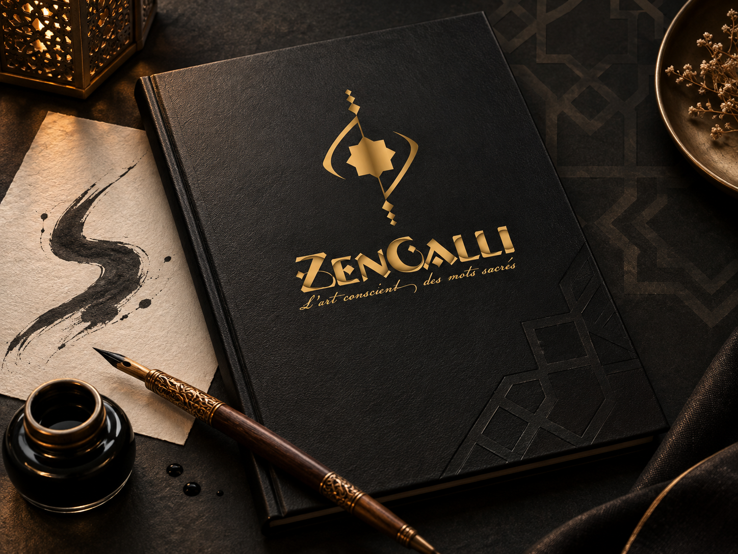 Identité visuelle dorée Zencalli présentée sur un carnet noir